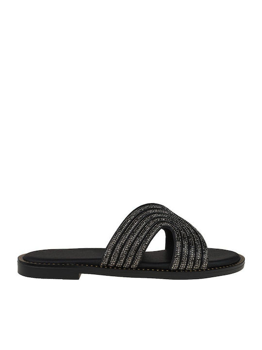 Leather Women's Flat Sandals in Black Color