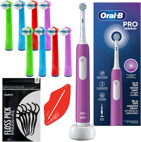 Oral-B Junior Pro Elektrische Kinderzahnbürste mit Stoppuhr für 6+ Jahre Violett mit Ersatzteilen