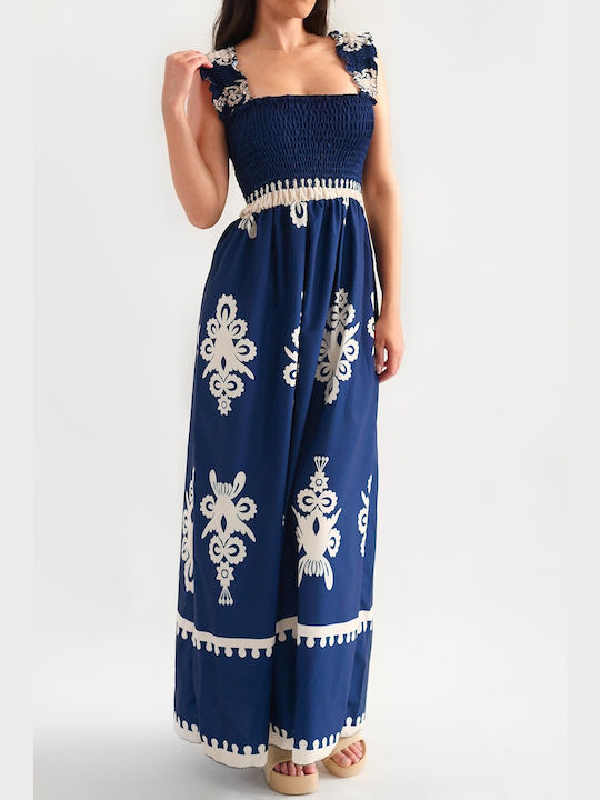 Loris Blue Maxi Embroidered Dress with Honeycomb Pattern