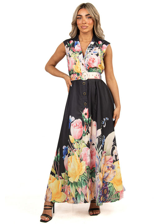 Sleeveless Floral Dress with Belt Black