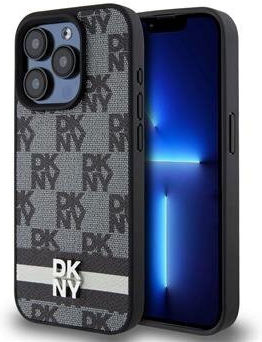 Dkny Pu Кожен калъф с каре и ивици за iPhone 14 Pro Max, черен