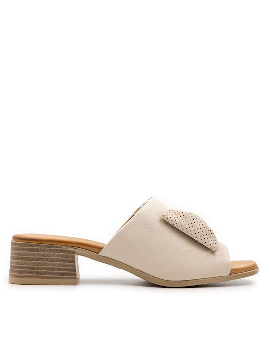 Mago Shoes Heel Leather Mules White