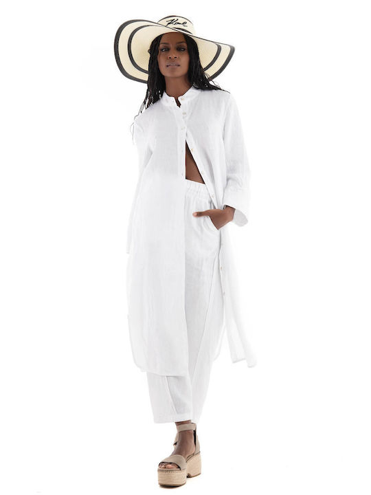 Black & Black Women's Linen Long Sleeve Shirt White