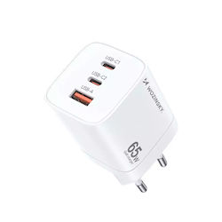 Wozinsky Ladegerät ohne Kabel GaN mit USB-A Anschluss und 2 USB-C Anschlüsse 65W Weißs (CGWCW)