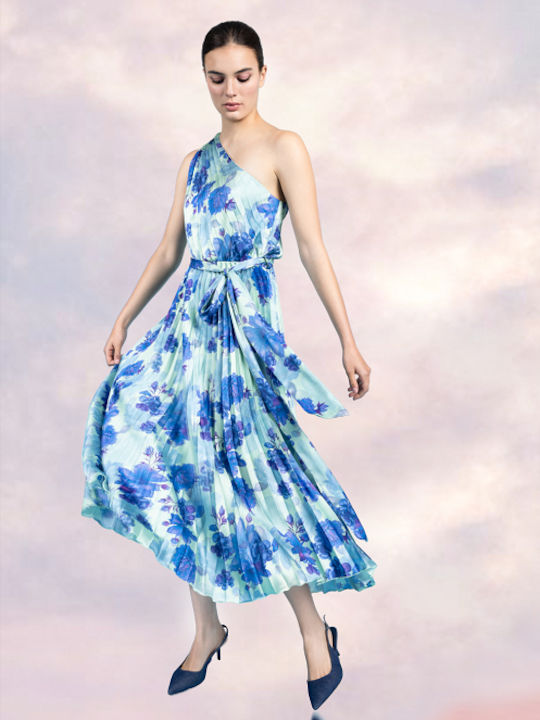 Asymmetric Pleated Blue Dress