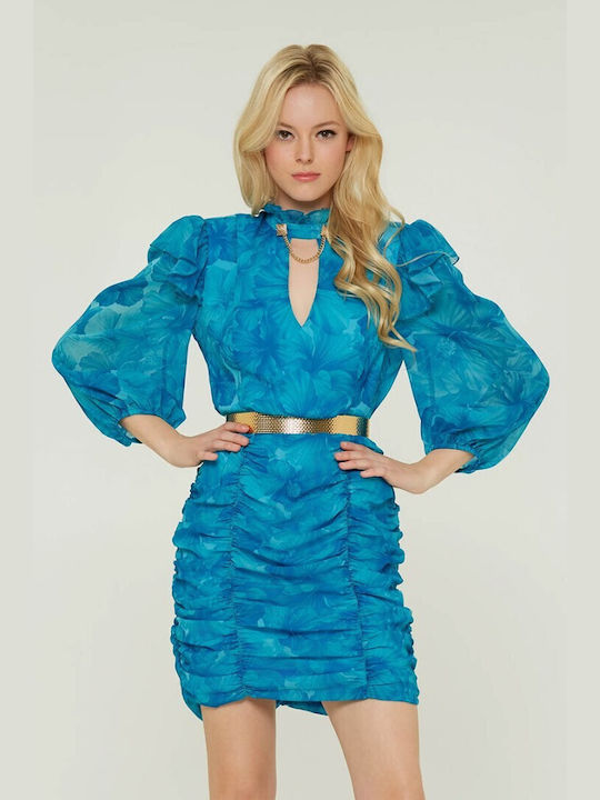 Lynne Mini Φόρεμα με Βολάν Γαλάζιο