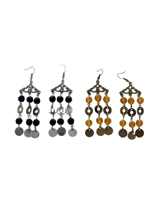 Metallic Decorated Earrings with Black and Orange Beads - Black