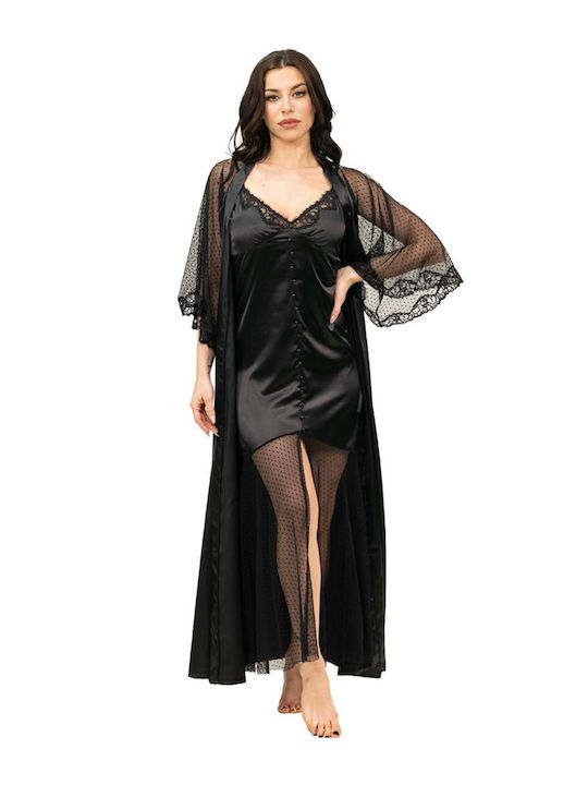 Miss Rosy Women's Satin Tulle Lace Robe Black