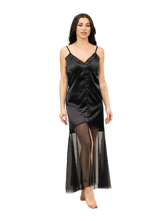 Miss Rosy Women's Satin Buttoned Long Tulle Nightgown Black