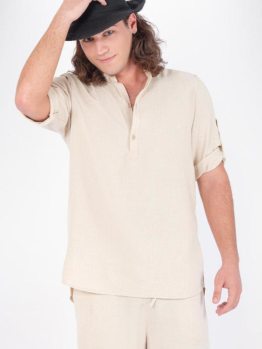 Maui & Sons Men's Short Sleeve T-shirt with Buttons beige