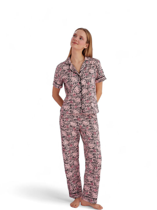 Siyah Inci Summer Women's Pyjama Set Cotton Pink