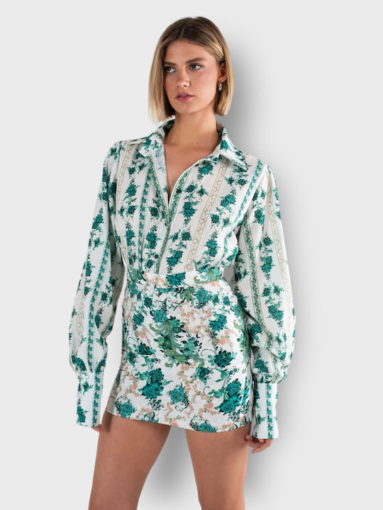 Ciel Langärmelig Damen Leinen Hemd Emerald Blumen