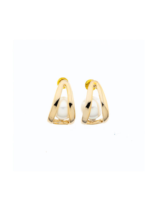 Metallic Decorated Earrings with White Pearl-Gold