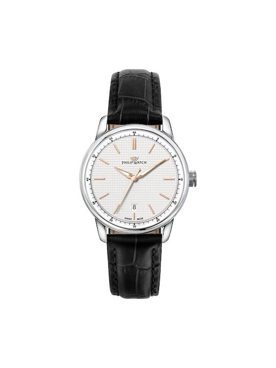Philip Watch Watch Battery with Black Leather Strap