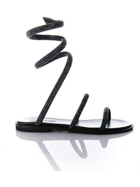 Sofia Manta Leather Women's Flat Sandals in Black Color