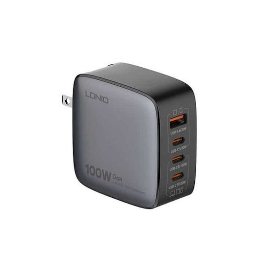 Ldnio Charger GaN with USB-A Port and 3 USB-C Ports and Cable USB-C - USB-C 100W Power Delivery / Quick Charge 3.0 Blacks (Q408 US)