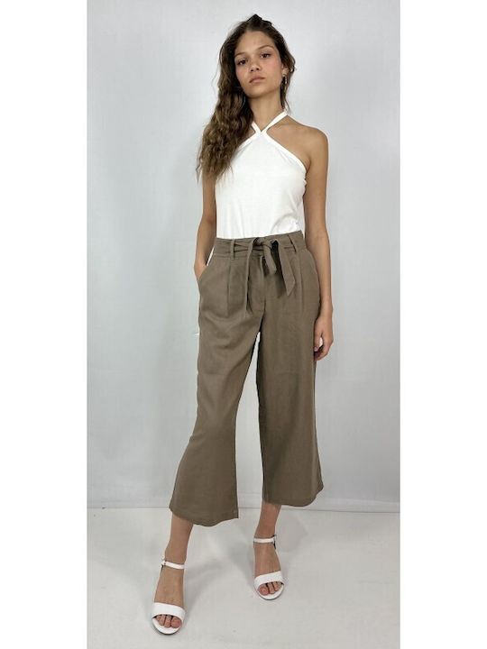 Only Women's High-waisted Linen Trousers Brown
