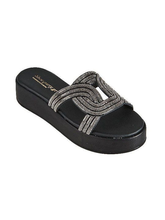 Elenross Flatforms Women's Sandals with Strass Black