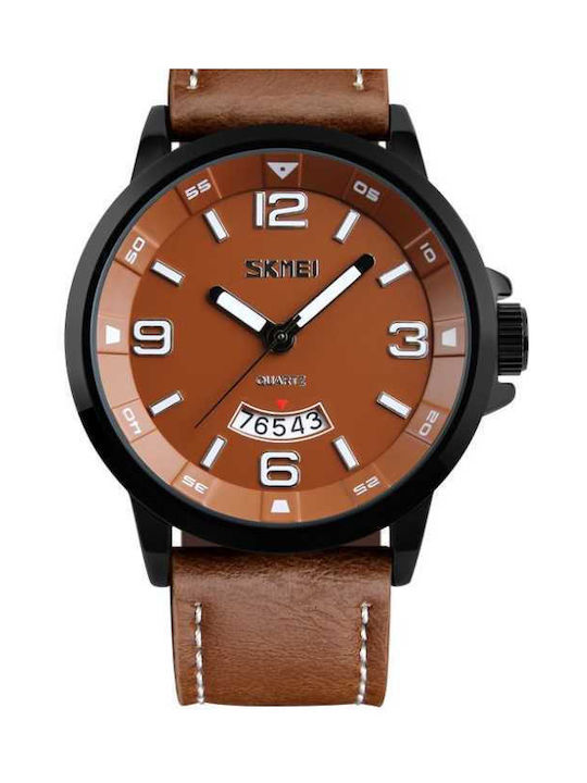 Skmei Watch Battery with Leather Strap Brown