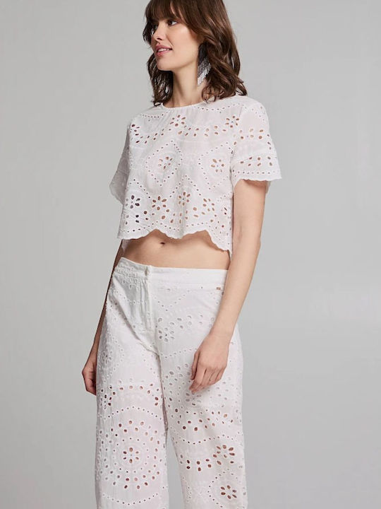 Perforated Crop Top with Rhinestones Togetherland-bsb Women's White Cotton White