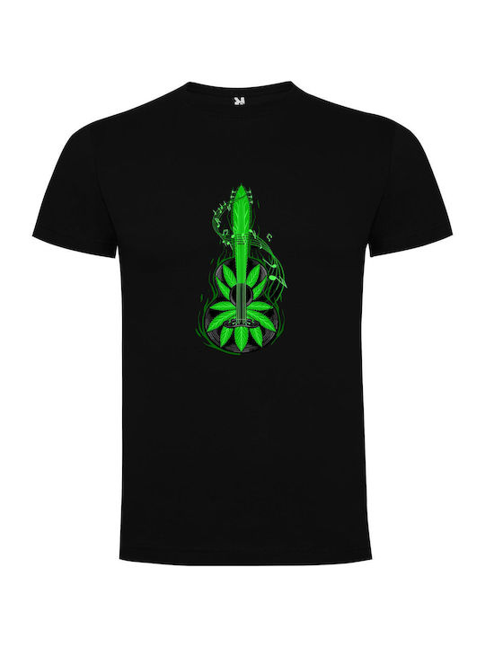 iLovePrints Weed Rockstar Guitar T-shirt Μαύρο