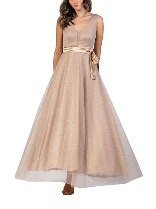 Bellino Maxi Dress for Wedding / Baptism Open Back with Tulle Gold
