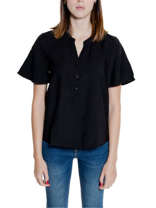 Jacqueline De Yong Women's Summer Blouse Short Sleeve with V Neck Black