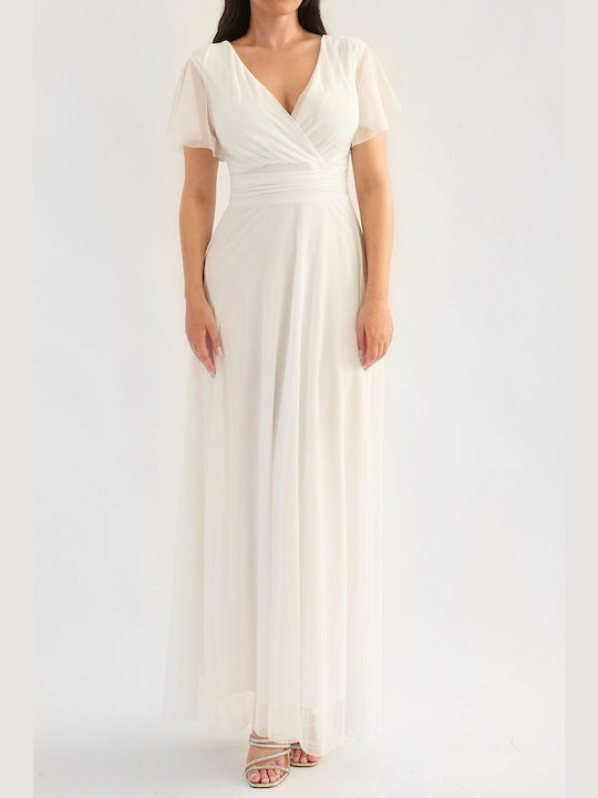 Kandy White Maxi Dress with Tulle Sleeves