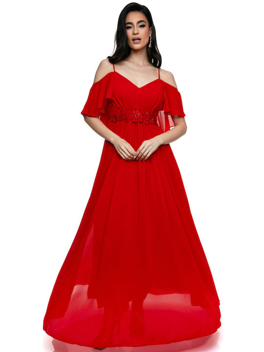 Anna Aktsali Collection Maxi Φόρεμα για Γάμο / Βάπτιση Κόκκινο