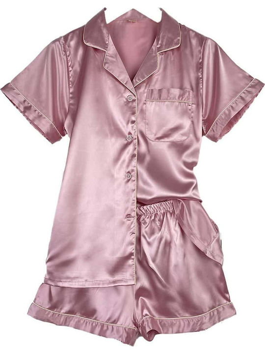 Women's Satin Pajama Set Short Sleeve Shirt Sho...