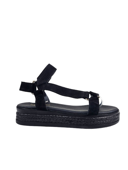 Sandale plate negre din catifea cu curea Velcro