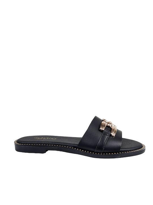 Black Sandals with Hammered Gold Buckle