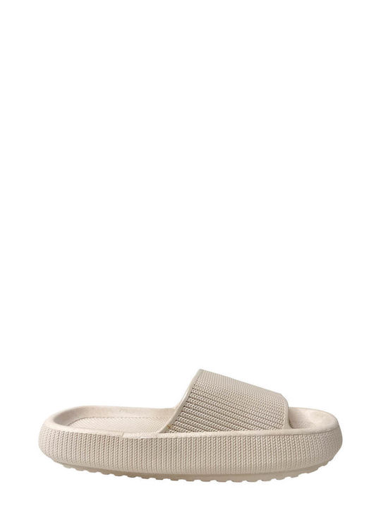 Beige Wide Strap Slides with Opening