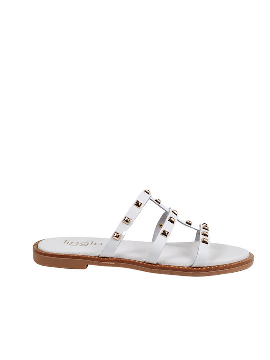 White Leather Flat Sandals with Gold Studs