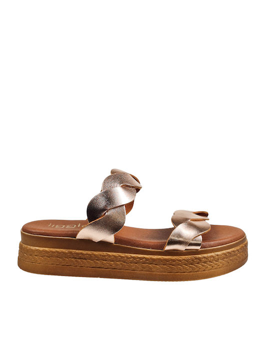 Sandale plate pentru femei, bronz, cu curele paralele în formă de val