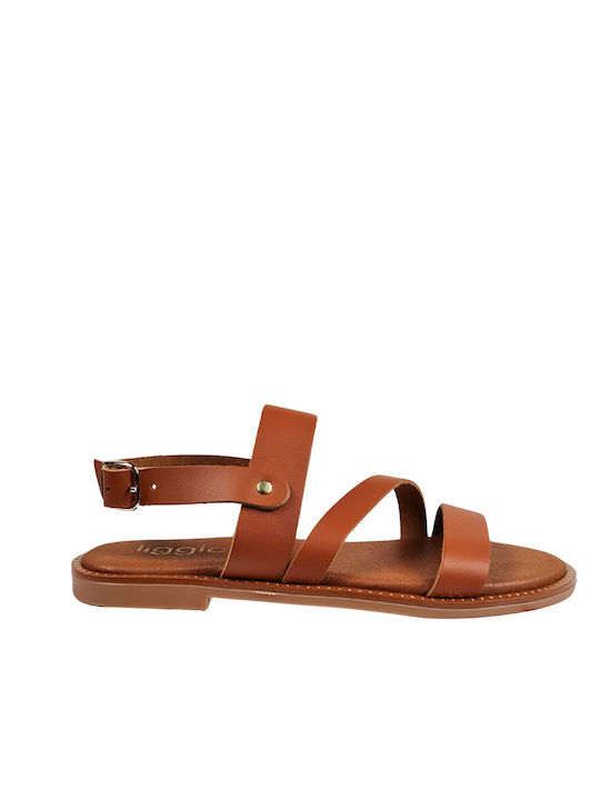 Tan Leather Flat Sandals Round Toe