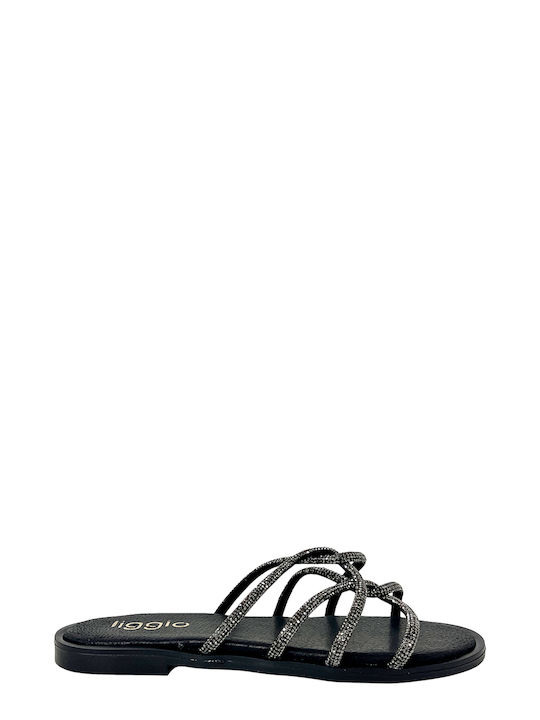 Black Greek-Made Sandals with Strass Straps