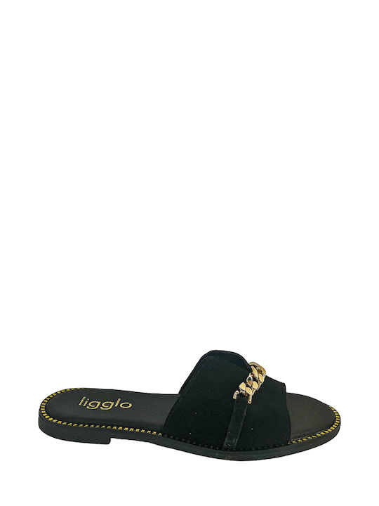 Black Suede Slippers with Golden Chain