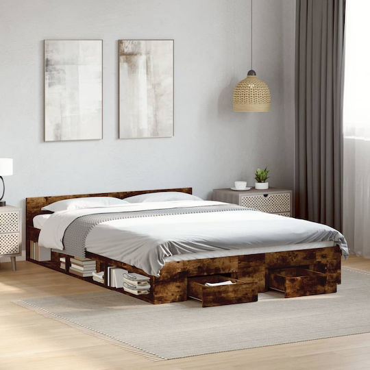King Size Wooden Brown Bed with Slats for Mattress 190x190cm