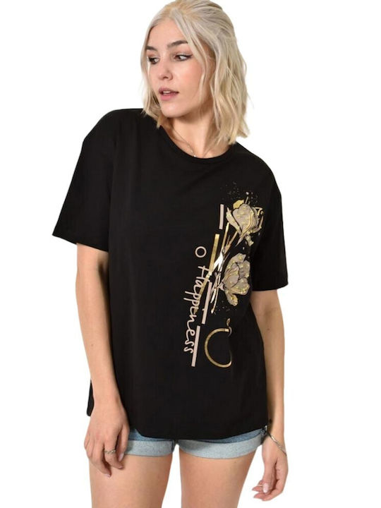 Potre Damen T-Shirt Blumen Schwarz