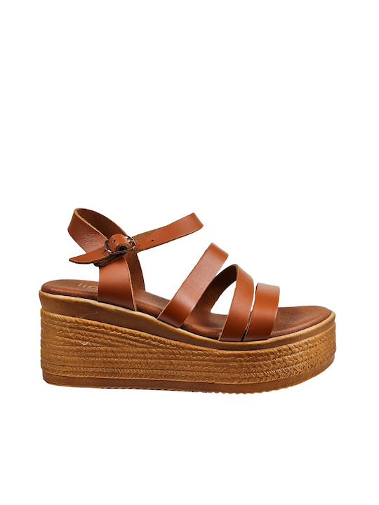 Tan Leather Platform Sandals with Thin Straps