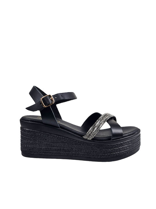 Black Leather Cross Strap Platform Sandals with Rhinestones