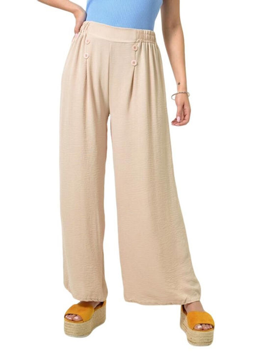 High-Waisted Beige Trousers with Buttons 24209