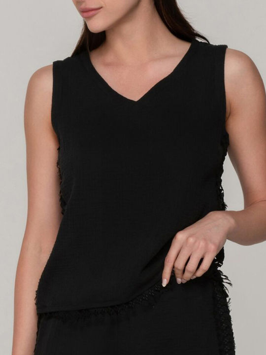 Luna Women's Blouse Cotton Sleeveless with V Neckline Black