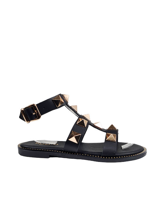 Ligglo Leather Women's Sandals with Ankle Strap Black