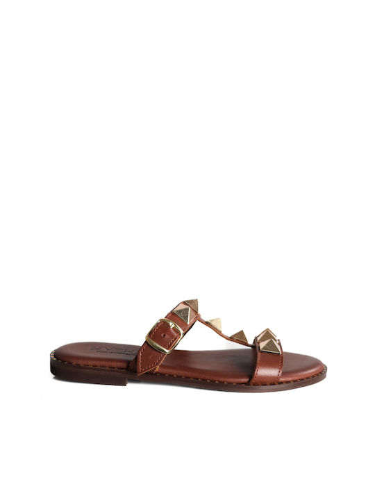 Brown Leather Sandals with Golden Buckle