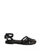 Black Leather Sandals with Multiple Straps and Barrette