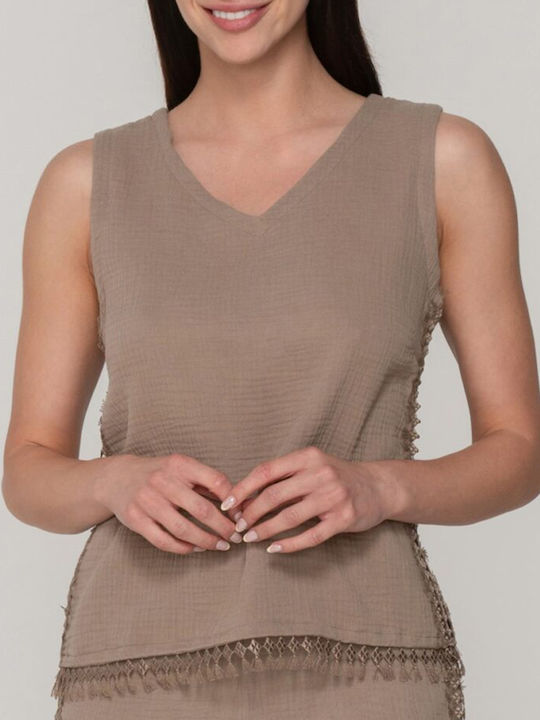 Bluza Damă Bumbac Fără Mâneci cu Decolteu în V Sandy Brown