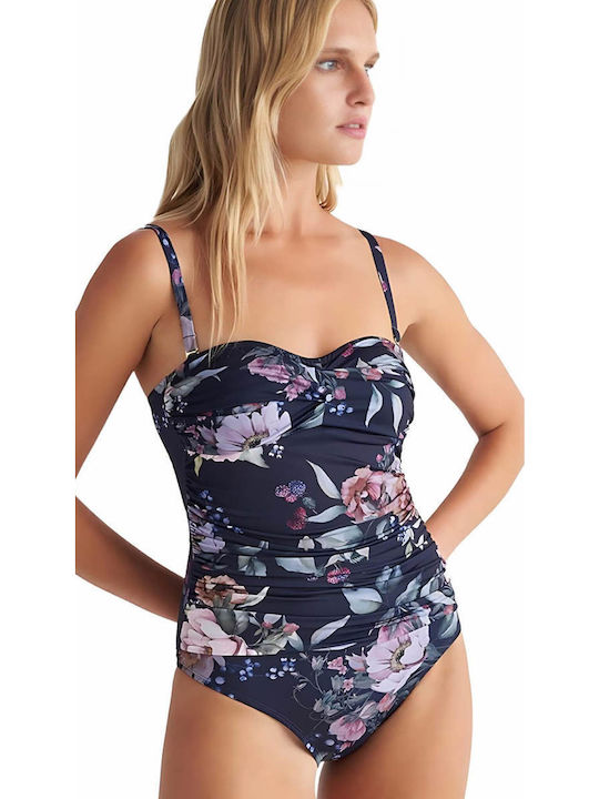 Blu4u Strapless One-Piece Swimsuit with Padding Floral Navy Blue