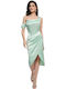 Φόρεμα Μίντι Κορσέ Ασυμμετρικό Κρουά Απαλό Πράσινο